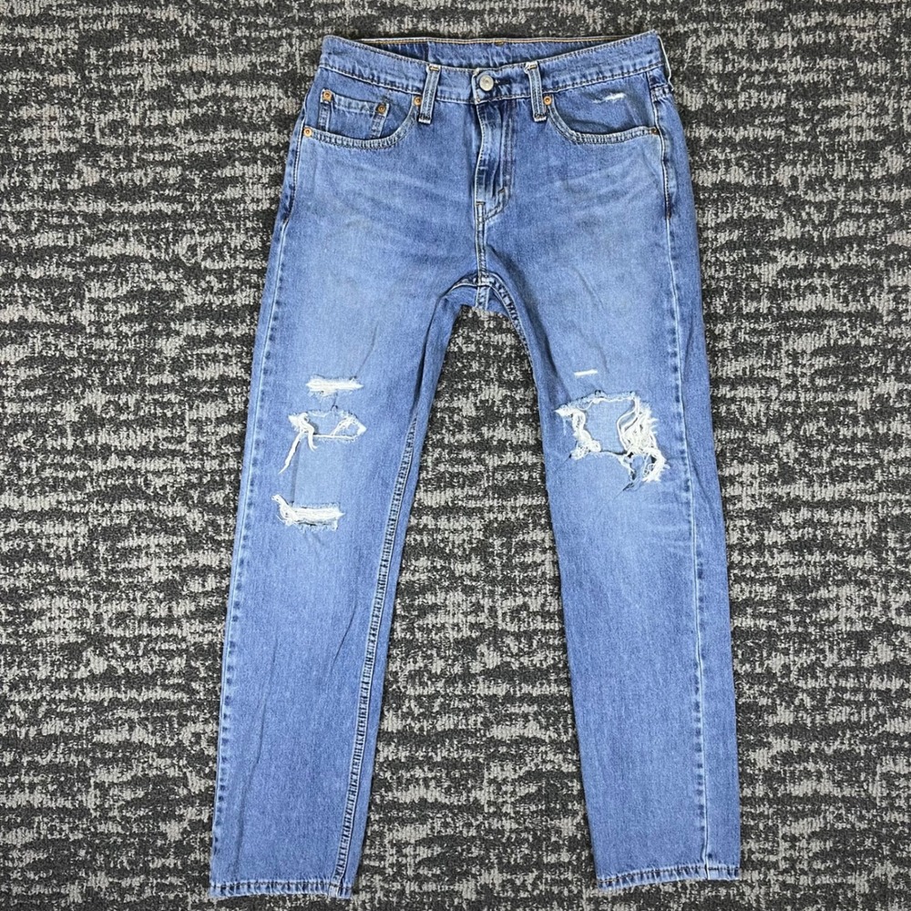 Levis 502 Regular Taper Jeans Mens 29x32 Blue Distressed Ripped Denim 29507-0755